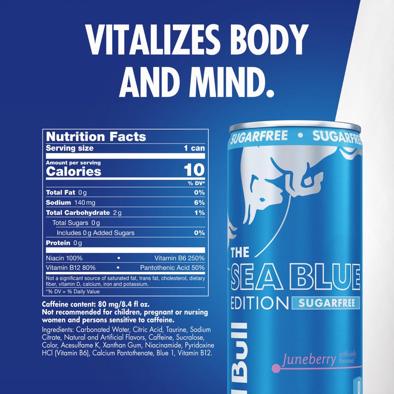 Red Bull Sea Blue Edition Sugar-Free Energy Drink, Juneberry, with 80mg Caffeine plus Taurine & B Vitamins, 8.4 Fl Oz, Pack of 24 Cans (6 packs of 4) - Image 2